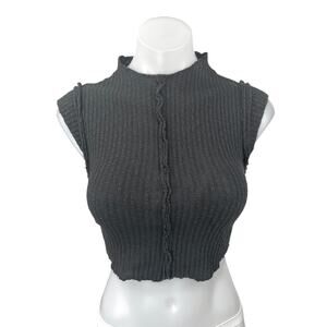 Urban Outfitters Black Ribbed Knit Sleeveless Patchwork Mock Neck Crop Top Sz S